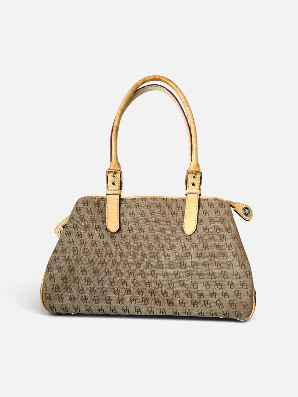 Vintage Dooney & Bourke Signature Logo Canvas Buckle Satchel Bag Tan Leather